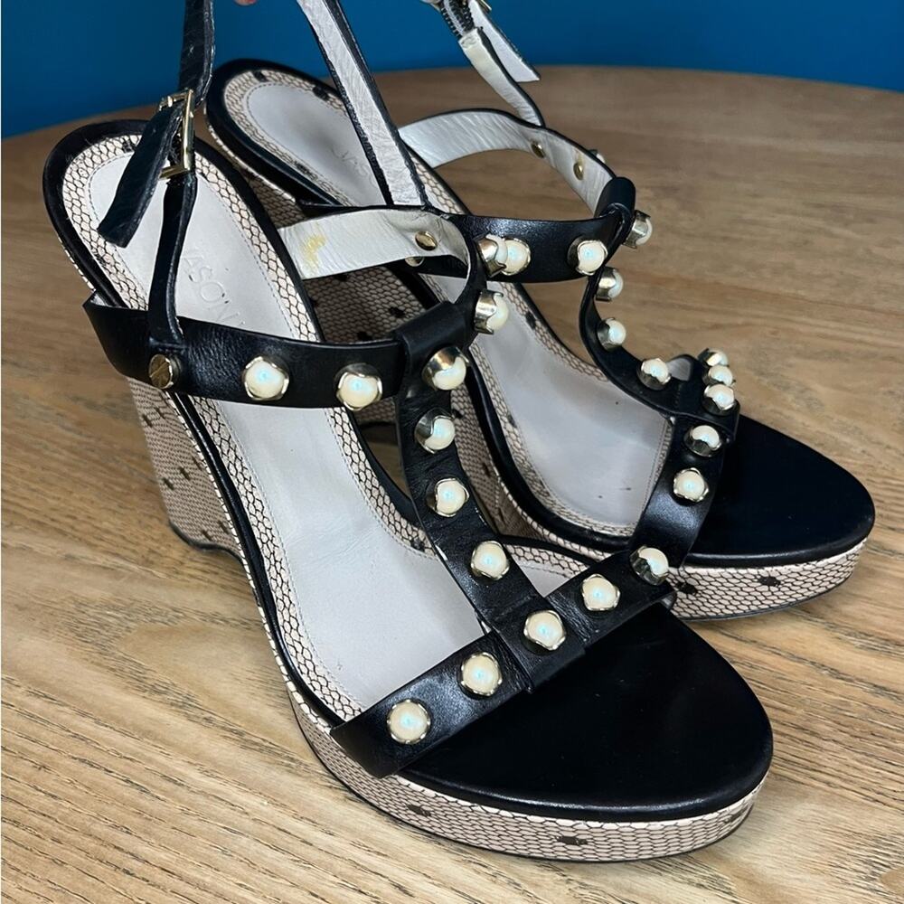 Jason Wu Black Leather T-Strap Wedge Sandals with Cream Studs